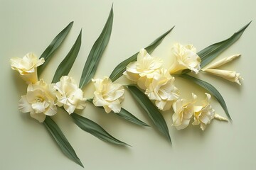 A delicate arrangement of pale yellow gladioli flowers and lush green leaves displayed artfully on a muted sage-green background.