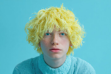 Portrait of a young man with curly blonde hair. Ai generative art