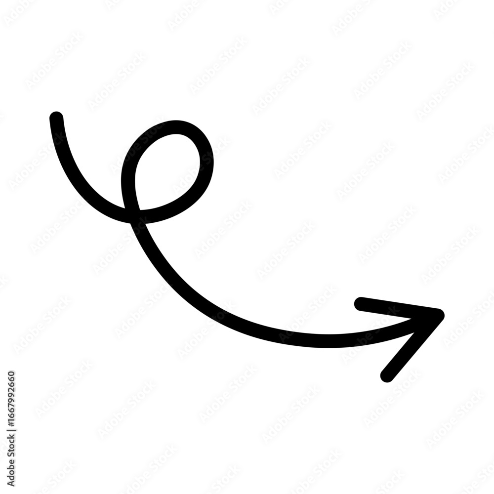 Poster hand-drawn swirling arrow with a decorative loop, pointing downwards and to the right. abstract wavy