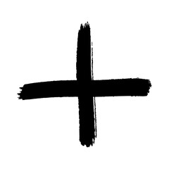 Hand-drawn black plus sign icon with a rough brushstroke texture, isolated on a white background. Simple grunge style cross symbol representing addition or more