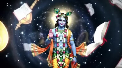 Krishna with cosmic deity, books, and knowledge.