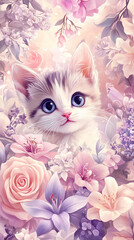 cute kitten surrounded by pastel flowers illustration, adorable cat artwork for greeting cards, posters, children&rsquo;s products, or t-shirt design