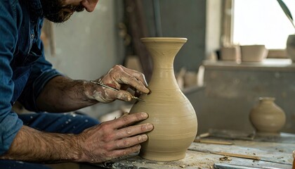 Bearded Craftsman Trimming a Tall Ceramic Vase in a Rustic Workshop