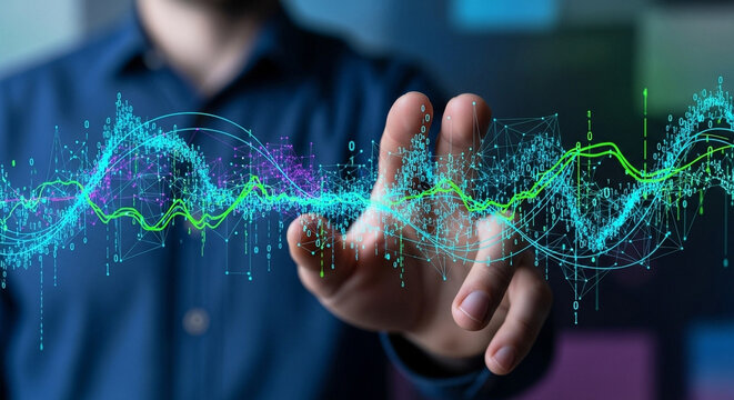 Man interacting with digital data visualization of binary code and network connections in blue hues on transparent background
