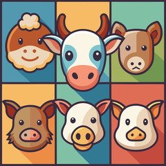Cute farm animal head outlines in a grid (cow, chicken, pig), flat vector icons.