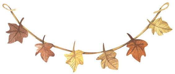 Watercolor Autumn Leaf Garland. Thanksgiving Decoration, Fall Bunting, Cozy Harvest Ornament. Vintage Leaf String Decor.