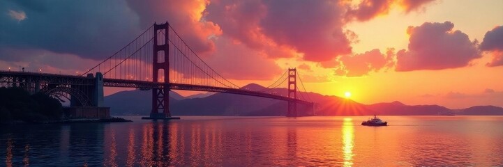 Fototapeta premium Golden hour illuminates bridge & cloudscape, vibrant hues , bridge, evening
