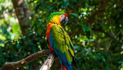 Colorful Macaw Perched on Branch in Lush Forest.