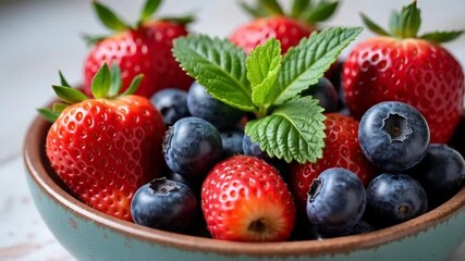 Vibrant bowl of fresh strawberries and blueberries with mint garnish offering healthy eating inspiration for breakfast, snack, or dessert recipes