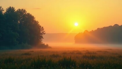 Obraz premium Golden sunrise paints misty forest, meadow glows , serene, landscape, vibrant