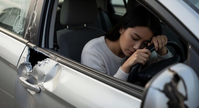 Quiet Devastation: A Private Moment of Distress Inside a Damaged Car.