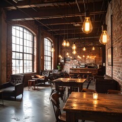 A wide-angle shot of a rustic cafe interior with exposed brick and warm, inviting lights