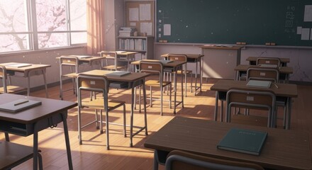 Quiet animated classroom with desks and blackboard bathed in warm sunlight.