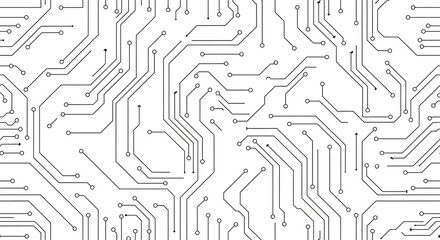 A detailed black and white image featuring an intricate circuit board pattern on a white background on transparent background