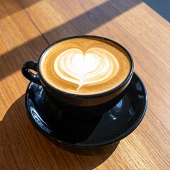 A perfectly crafted heart latte art in a black cup, with beautiful light and shadows on a wooden background