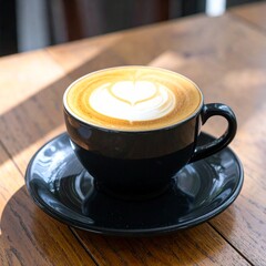 A perfectly made cup of latte art with a rosetta pattern, placed on a rustic wooden table under natural light