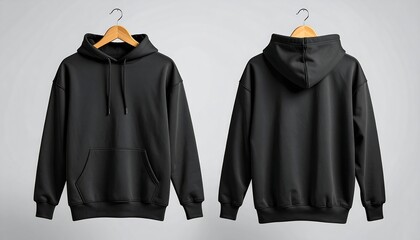 Minimalist mockup of a plain black oversized hoodie hanging on a wooden hanger