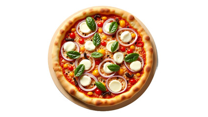 Overhead shot of a full cheese and vegetable pizza on white background.
