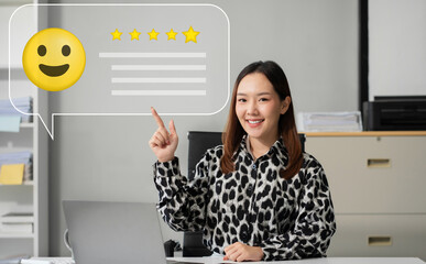 Businesswoman presenting customer feedback survey with checkboxes and smiley faces.