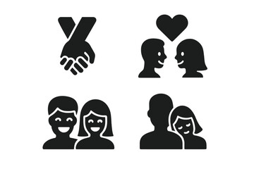 Romantic Icon Set with Solid Filled Symbols of Love and Connection Holding Hands, Shared Gaze with Heart, Laughter Moments, and Shoulder Leaning in Relationship and Affection Vector Illustration