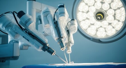 Robotic Surgery System Performing Minimally Invasive Procedure Under Surgical Light.