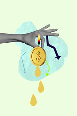 3d poster trend collage image of human hand hold coin stack arrow regress inflation crisis melt...