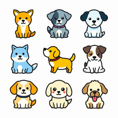 Set 9 Kawaii icon Vector illustration of a puppy with balloons in Kawaii style colors on white background
