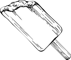 Ice cream bar stick popsicle covered in chocolate. Sweet dessert pastry, broken or bite. graphic illustration hand drawn in vector ink. Food label design, frozen snack art, confectionery blog asset
