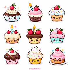 Cakes kawaii illustrations, desserts in a comic, cartoon style, simple vector drawings
