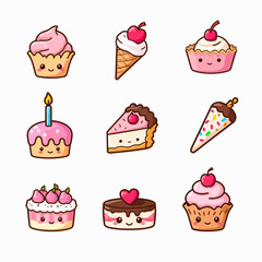 Cakes kawaii illustrations, desserts in a comic, cartoon style, simple vector drawings