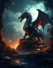 Majestic Dragon Awaits in Dark Fantasy Landscape.