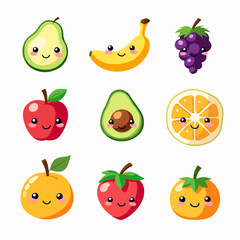 A set of kawaii style fruit with big eyes. Cute illustrations of strawberry, apple, pear. Fruits with faces on white background . Vector illustration