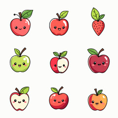A set of colorful kawaii apples with emotions.
