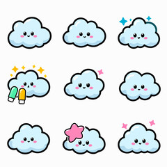 Vector set flat illustration of a cloud in kawaii style colors on white background

