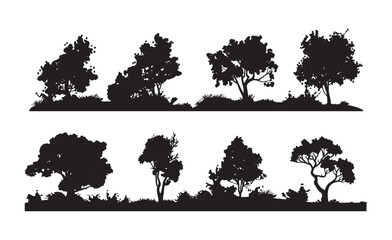 Fototapeta premium tree silhouette, vector tree, forest silhouette, tree and grass vector, dry tree vector, nature silhouette, wild tree vector, forest edge vector, tree illustration, tree art vector, black tree silhoue
