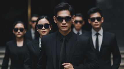 Asian business team in black suits and sunglasses security bodyguard style