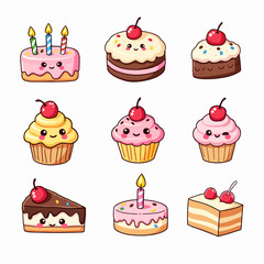 Cakes kawaii illustrations, desserts in a comic, cartoon style, simple vector drawings