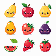 Funny cartoon fruits and vegetables are a cute and fun vector set of food characters illustration