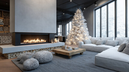 Interior of a modern living room with a Christmas setup, fireplace and tree.