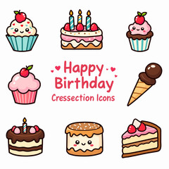 Cakes kawaii illustrations, desserts in a comic, cartoon style, simple vector drawings