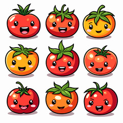 Cute kawaii tomato vector stickers with funny faces and emotions: happy, sad, angry, surprised. Flat characters for kids, education, and healthy eating designs