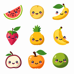 Funny cartoon fruits and vegetables are a cute and fun vector set of food characters illustration