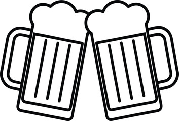 Two clinking beer mugs, simple bold outline vector icon, flat minimalist design.