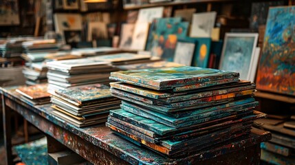 photography background of art prints stacked beside sketchbooks, warm studio glow, colorful harmony, productive feel