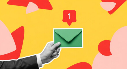 Hand holding green envelope with notification on yellow background with red and pink shapes on transparent background