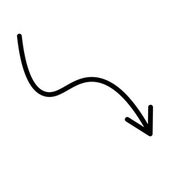 A simple, elegant curved arrow pointing downwards, rendered in black against a crisp white background, signifying direction and descent