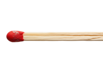 Close-up extreme detail of a single red-tipped wooden match isolated against a deep void transparent background