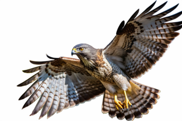 Majestic hawk bird flying with open wings isolated on white background, png, ai generated.