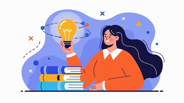 Creative woman with a glowing lightbulb idea and a stack of books.