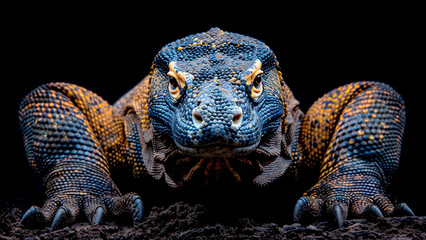 Obraz premium Komodo Dragon Front View. Powerful Reptile, Ancient Predator, Wildlife Portrait.